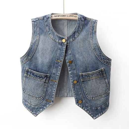 
Mr. Jingyu's new retro versatile round neck denim vest for autumn 2023 for women's short sleeveless horse clip vest vest vest top Blue 702# L100-110