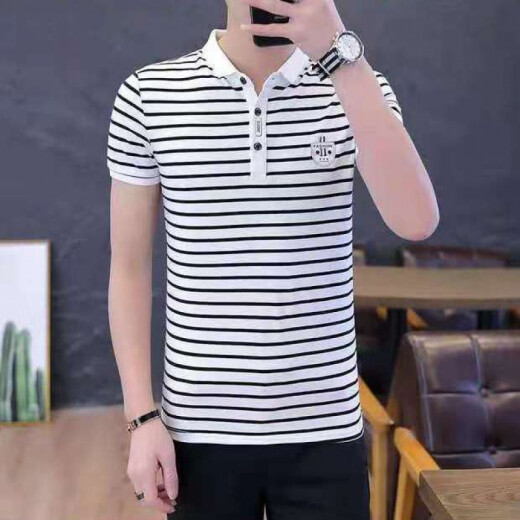 Simple direction striped short-sleeved T-shirt men with a neckline Korean version slim lapel Korean version top collar 5012 black 5002# white One size 2xl Recommended 135-150Jin [Jin equals 0.5 kg]