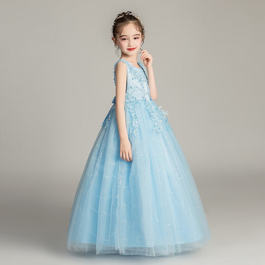 Dev Ake Kinderkleid Girl Prinzessin Rock Moderatorin High-End Piano Performance Evening Kleid Little Girl Hochzeit Sommer Big Boy BX683 Langhändler Blau 150 (vorgeschlagen 61-70jin [Jin ist gleich 0,5 kg])