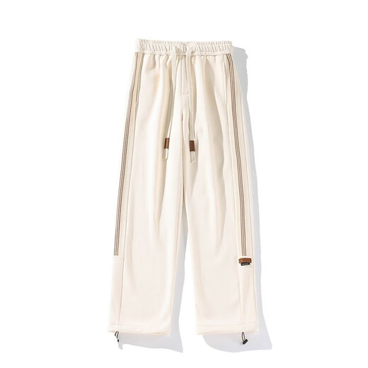 Katuchi American style velvet thickened striped casual pants for men in autumn and winter loose trendy straight wide-leg sports sanitary trousers beige-velvet XL recommended 130-150Jin Jin equals 0.5 kg