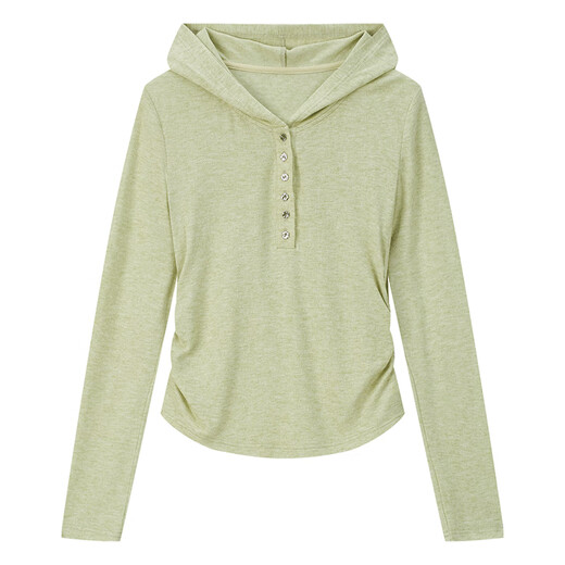 Vanchiman light oat color casual and fashionable hooded T-shirt for women in spring 2025 new versatile slim knitted top M6221 light bean green L