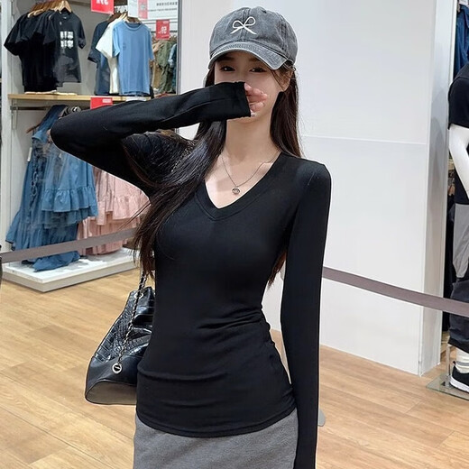 Yiyi long-sleeved T-shirt for women with v-neck bottoming shirt can be worn outside 2026 new spring hot girl slim top black and white right shoulder right shoulder V-neck long-sleeved T-shirt black M recommended 85-105Jin Jin is equal to 0.5 kg