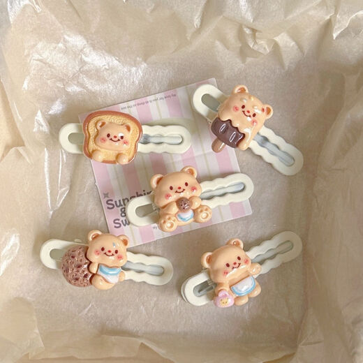 Qindu Cookie Bread Butter Bear Hairpin Cute Bangs Hair Accessories Headband Duckbill Girl Pink Cartoon Clip SN86 Value Set of 5 (1 each)