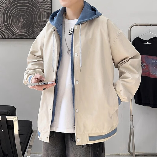 NASA BASE jacket men's spring and autumn 2025 new men's work clothes fake two-piece hooded loose casual versatile baseball uniform black XL 125-155Jin Jin equals 0.5 kg