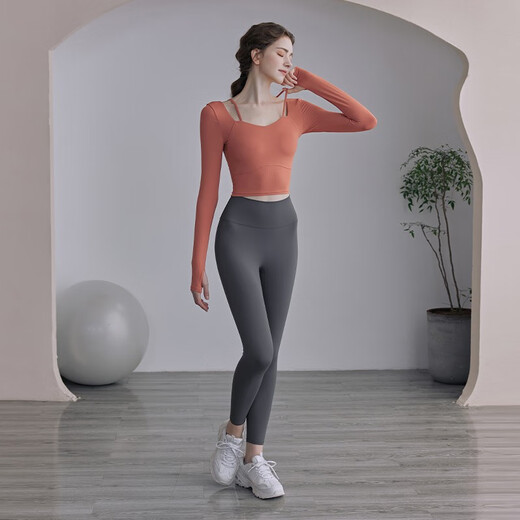 EPIH Yoga Wear Tops Women's Autumn Premium Pilates Fitness Wear Yoga Suit 2023 New Long Sleeves with Breast Pads Caramel Orange Long Sleeves Comes with Breast Pads L