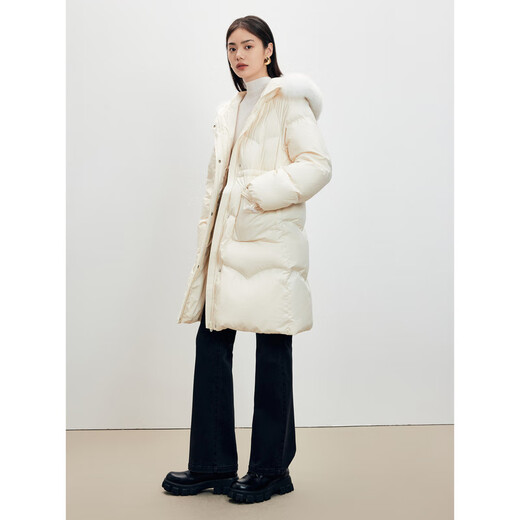 PEACEBIRD Women's Fox Fur Collar Mid-Length Down Jacket Women's Soft Hooded Warm Horn Button Jacket Off-White S
