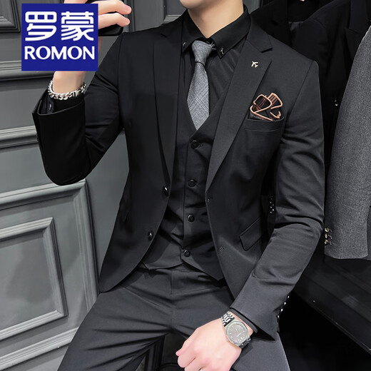 ROMON Groom's Suit Men's Business Professional Formal Wedding Dress Casual British Style Slim Suit Men's Medium Gray 2-piece Suit + Pants + Shirt + XL 123-134Jin Jin equals 0.5 kg Wear