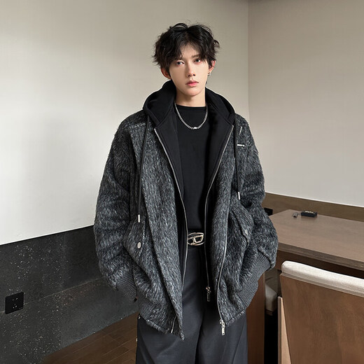 The most beautiful retro woolen hooded fake two-piece jacket for men in autumn and winter new design trendy casual tops gray XL recommended 125-145Jin Jin equals 0.5 kg