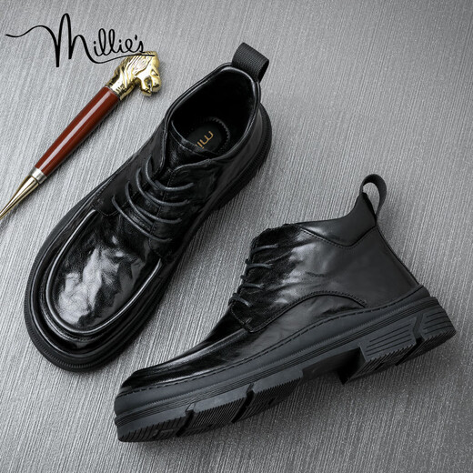 Millies Top Cose Cowhide Boots à l'épreuve du froid Martin Bottes de coton décontractées pour hommes Bottes en cuir chaud U1369 Black 42 masculin 42