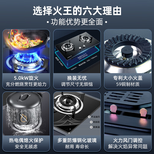 火王（Hione）燃气灶天然气双灶 5.0kW猛火液化气煤气灶 防风旋火台式嵌入式一级能效节能灶W01L/B W01L/B(5.0kW/天然气12T）