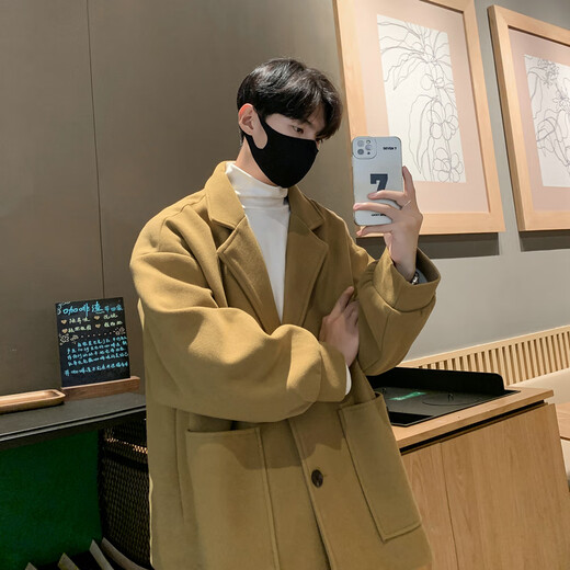 Shelley Jones Plush Woolen Coat Men's Autumn and Winter Trendy Brand High-Quality Thick Short Woolen Coat Loose Casual Windbreaker Beige (Fleece) Thickened M Recommended 90-110Jin Jin is equal to 0.5 kg