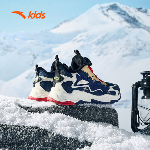 Anta Children's Cotton Shoes Boys 2024 Winter Plus Velvet Botón cálido Button Snow Anti-Slip informal Dos botas de algodón azul/cielo azul/blanco 9902H-3 28