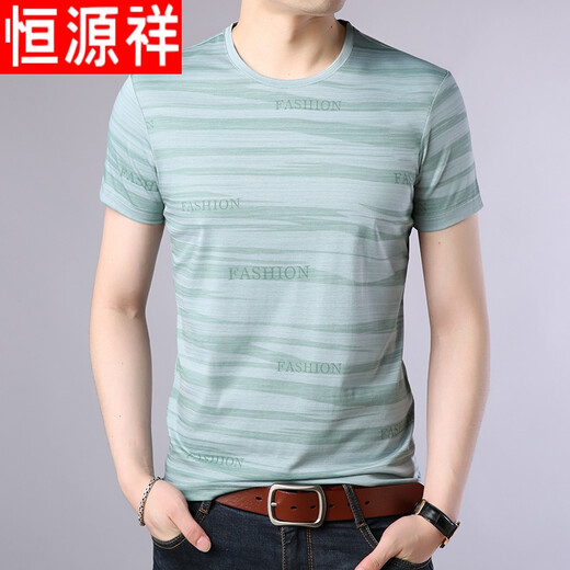Hengyuanxiang brand high-end men's clothing T-shirt men's short-sleeved summer new ice mercerized cotton half-sleeved men's T-shirt middle-aged and young round-neck striped sweatshirt and 9901 black 180