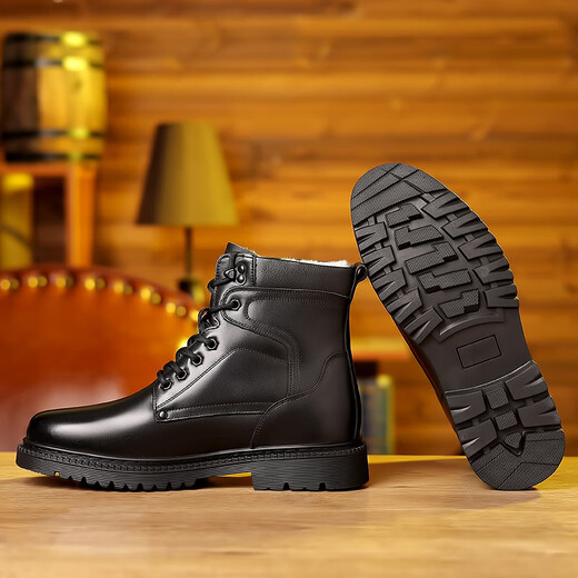 
Saimandie winter wool military hook cold-proof boots men's Martin boots genuine leather wool warm cotton boots high top layer cowhide wool boots 3519 black [Fur integrated flat bottom] 38