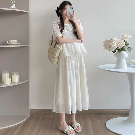 Langyin Maternity Summer Vestido 2025 Nuevo suelto de dos piezas Nuevo estilo chino Cubierta de abarrote blanca Vestido de albaricoque de verano L sugiere 115-130Jin [Jin iguala 0.5 kg]