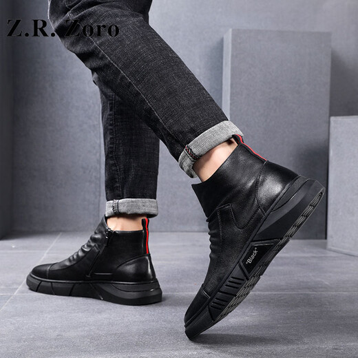 Z.R.Zoro Light Luxury Brand Martin Boots Men's Autumn and Winter Leather Boots Short Boots High Top Capital Cothon Algody Winter Plus Shoes de algodón de terciopelo Botas de cuero Negro 41