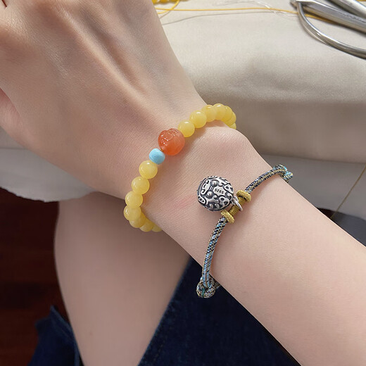 Longyin beeswax amber bracelet for women and men round bead single circle with turquoise and southern red Buddha head birthday gift YJ about 5.8mm