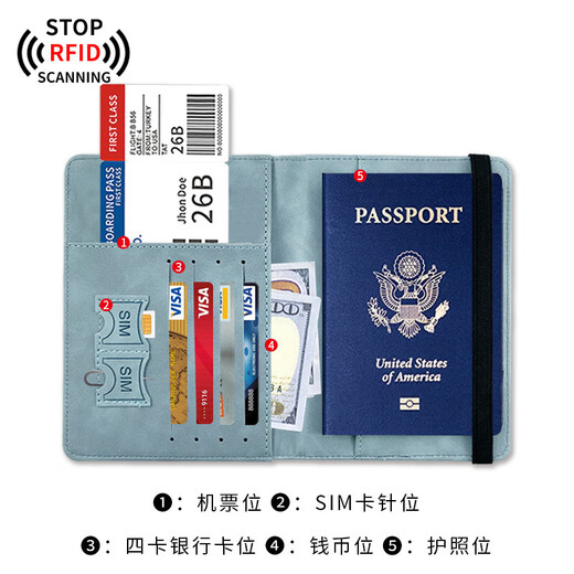 Xu Qixing Travel Passport Clip Safety Anti-theft Brush Portable Multi-function Storage Air Ticket Clip Travel Equipment [Multi-function Anti-theft Anti-demagnetization] Sky Blue