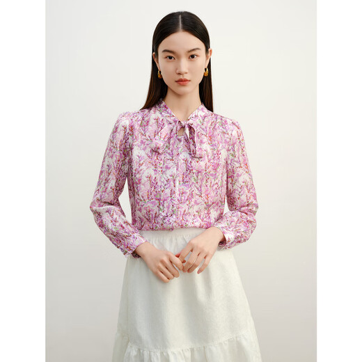 JUZUI shopping mall same style French elegant mulberry silk floating collared shirt for women spring JWEC60116 flower pink S