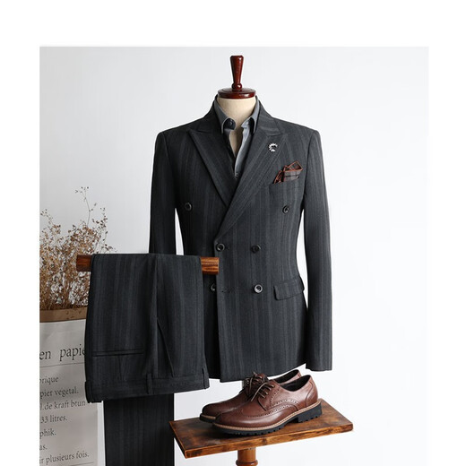 Walker Shop suit suit men's double-breasted suit autumn groom wedding wedding custom dress striped formal three-piece suit medium gray two-piece suit M
