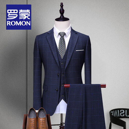 ROMON suit men's British style business casual professional slim formal groom wedding dress plaid small suit two-piece set-028 navy blue fine plaid 2XL size (plus 8 gifts)