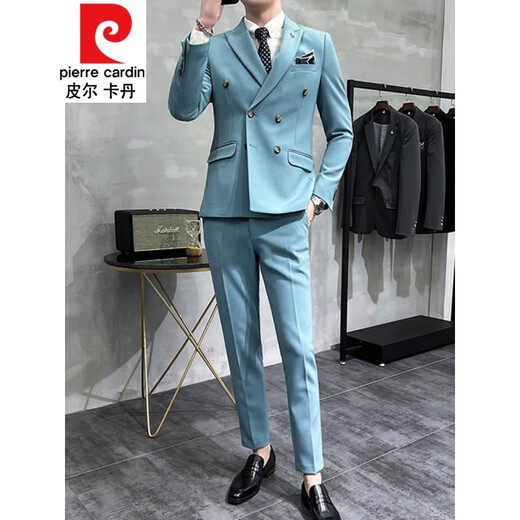 Pierre Cardin double-breasted suit men's suit wedding dress slim fit groom's suit men's Korean version trendy British style handsome black (suit + pants + vest + shirt) tie M