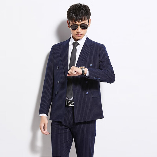Yhv double-breasted suit men's slim-fit youth blue striped business formal casual suit 7674174 double-breasted 2XL (180)
