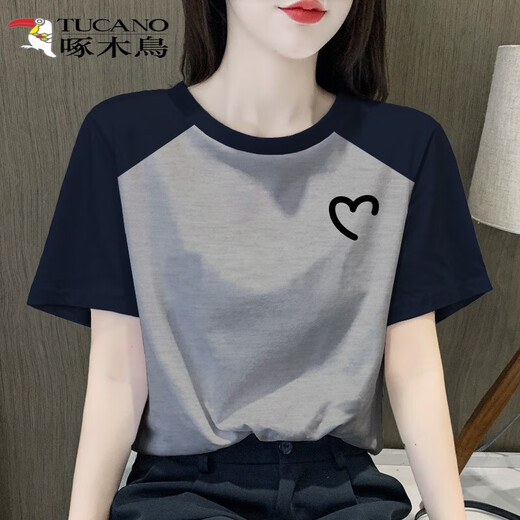 Woodpecker T-shirt for women's retro raglan short-sleeved T-shirt for women 2025 new pure cotton t-shirt design niche top fashionable 6193 flower gray - raglan sleeves XXL