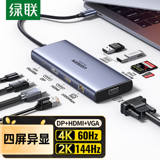 Green Network Docking Docking Dock USB-C Converter Thunderbolt 4 Docking Dock Thunderbolt 3 Divisor HDMI Cable Network Adapter Hub Universal MacBook Laptop iPad Tablet 9-in-1 [HDMI+DP+VGA+Lector de tarjetas] 15602
