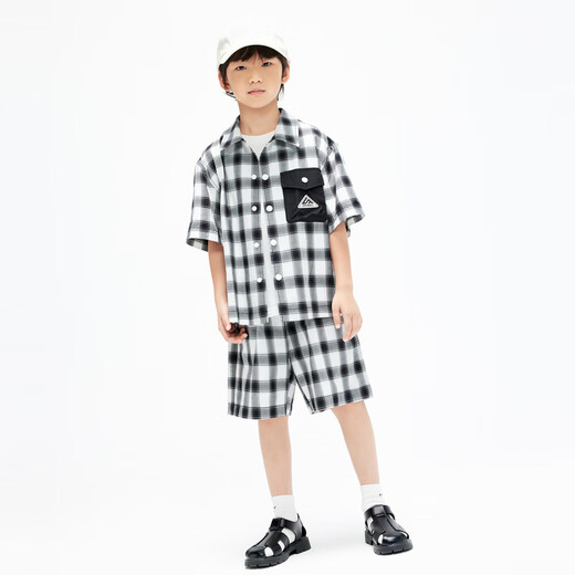 Little MO&Co. Children's summer clothes, boys' plaid short-sleeved shirts, cardigan tops, children's middle and large boys, black and white plaid 120 120/60