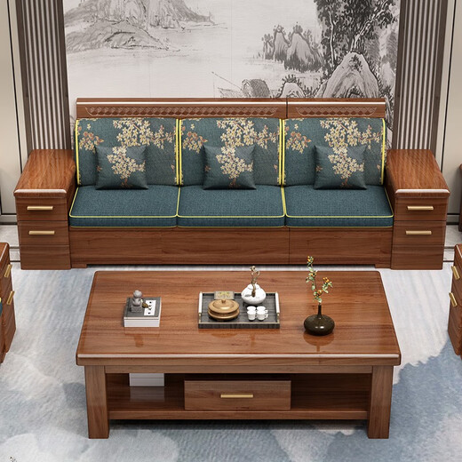 Chenya sofa walnut solid wood sofa combination modern Chinese-style living room large and small apartment winter and summer dual-purpose furniture four-seater + imperial concubine couch + coffee table