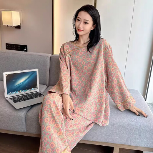 裁雨留虹胖mm睡衣女春秋大码复古中国风碎花棉纱家居服加肥加大200斤 yz16802 4XL  130-180斤