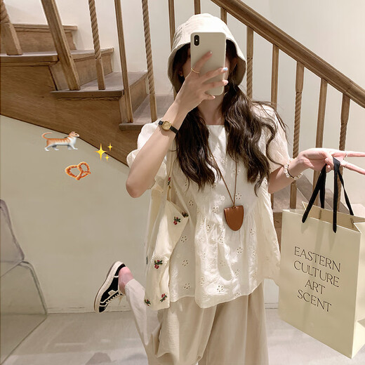 Geman Maternity Summer Suit Two-once Cotton Hollow Shirt Top en été fine mode décontracté Style Lazy couvrant le ventre APPRICOT TOP + KAKI PANTAL LEG M
