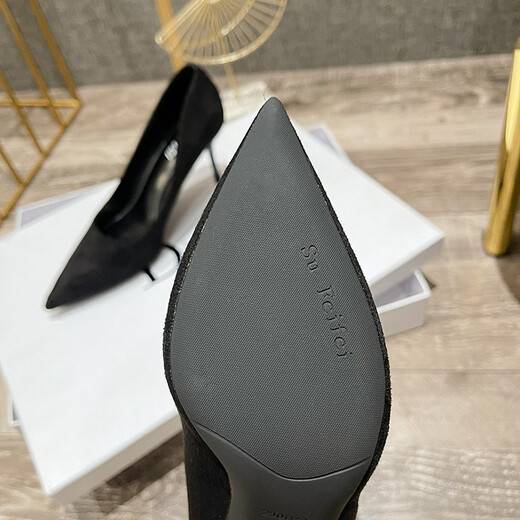 依零依蓓高跟鞋春夏秋新品绒面黑色简约尖头细跟性感单鞋女浅口职业工作鞋 898-000黑色【9厘米】 36