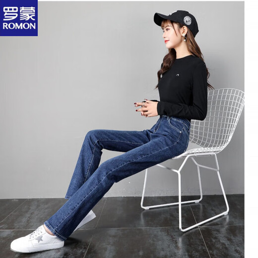 ROMON straight-leg plus velvet thickened jeans for women in autumn and winter new high-waist elastic women's pants large size loose cigarette pants 209 # dark blue plus/velvet straight long/pants 28