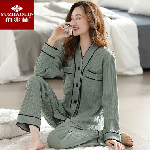 俞兆林睡衣女士春秋季新款纯棉长袖开衫可外穿家居服大码全棉秋天套装 X9273米白 L 建议100-120斤