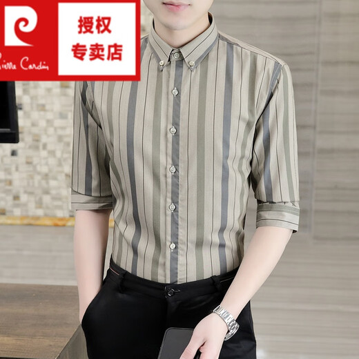 皮尔卡丹（pierre cardin）七分袖衬衫男休闲修身夏季薄半袖条纹衬衣潮流帅气中袖寸上衣 DC679白色 L 【建议110-120斤】