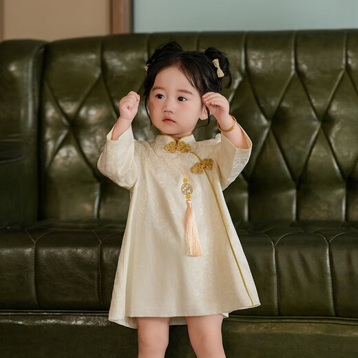 Remdine one-year-old baby dress autumn new girl Tang suit dress princess children's national style cheongsam catch week dress apricot long sleeve 80
