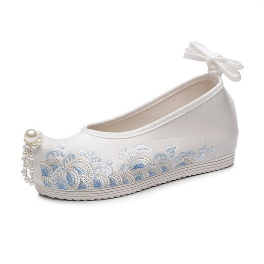 Zhenxi Hanfu shoes for women, spring and autumn antique style embroidered shoes, cloth shoes with tassels, raised toes, inner heightening bow shoes, Han element performance shoes, wave white - heightening by about 4CM 38
