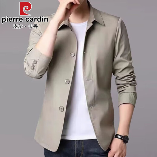 皮尔卡丹（pierre cardin）春秋季男士商务休闲夹克西装中青年纯色翻领薄款韩版修身风衣外套 浅灰色1048 L【建议110-130斤】
