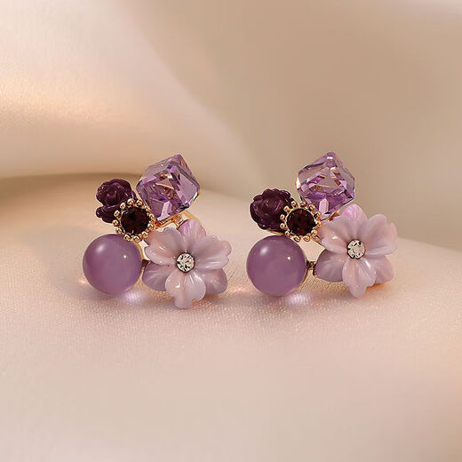 Wind Valley Bird Purple Petal Earrings Women's 2024 New Trendy Niche Design Earrings High-end Atmosphere Earrings Summer Purple Flower Earrings