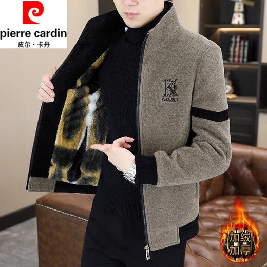 Pierre Cardin (Pierre Cardin) Autumn and Winter Fashion Woolen Jacket Men's Velvet Thickened Stand Collar Jacket Trendy Handsome Casual Woolen Coat Trendy Khaki Velvet XL 125-145Jin Jin is equal to 0.5 kg