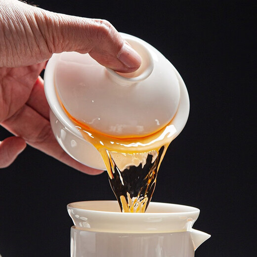 Jingcizhai Mutton Fat Jade White Porcelain Kung Fu Tea Set Home Light Luxury High-End Ceramic Covered Bowl Tea Cup New Complete Set Gold Painting-White Bean Fat Jade Covered Bowl 9-Head Perfect Cup