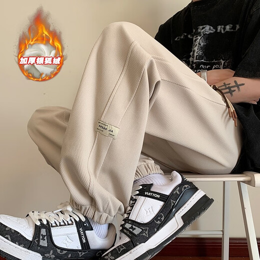 New- oder Mode Waffle Casual Hosen Männer Ins American High Street Spring und Herbst Lose vielseitig, gerade sitzende Sporthosen Trend K1049J Schwarz plus Samt XL [Vorgeschlagen 125-145jin [Jin entspricht 0,5 kg]]