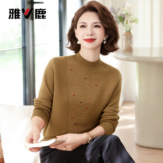Yalu mother's wear 100% sheep sweater for women winter new middle-aged and elderly half turtleneck temperament sweater warm knitted sweater for women