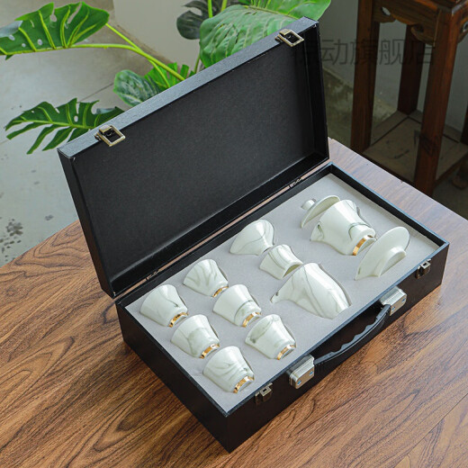 Bone China Tea Set Mutton Fat Jade Tea Set Kung Fu Tea Set Complete Household Ink Style Simple Tea Set Ceramic Covered Bowl Business Gift Ink Rhyme [Black] Safe Packaging