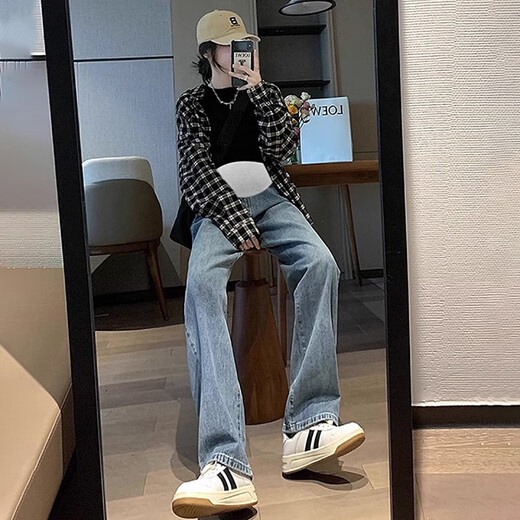 Yunshun Mutterschaftsjeans mit Bauchunterstützung im Frühling und Herbst, die Jeans gerade mit Breitenbeinhosen lose Mutterschaft Outfit lässig Slim und Drucken gerade Jeans Retro Blue Blue Bauch Stütze zufällige Hose L105-120)