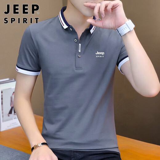 JEEP SPIRIT吉普短袖T恤男夏季男士修身上衣翻领POLO打底衫男装 深灰色 2XL