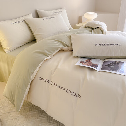 Hengyuan Home Textiles Class A 200-count long-staple cotton simple cotton brushed four-piece set 100 pure cotton bed sheet duvet cover bed sheet autumn ivory white-green bed sheet 1.5m four-piece set