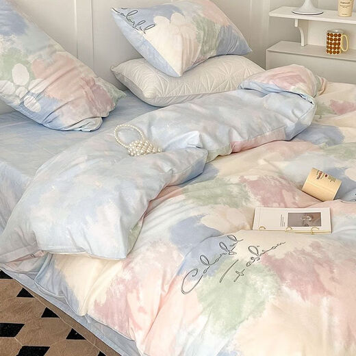 Mirror Moon Picture Internet Celebrity Washed Cotton Bedding Spring and Autumn Student Single Dormitory Bed Sheets Three-piece Quilt Cover Men's Summer Smudged Macaron 1.5 Meter Four-piece Set Quilt Cover 1.5x2 Meters